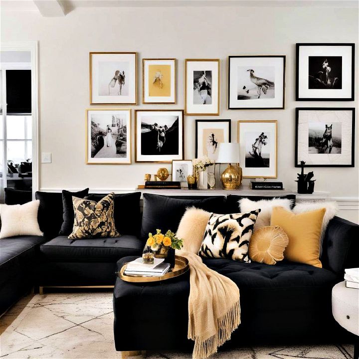 black and gold living room photo frames