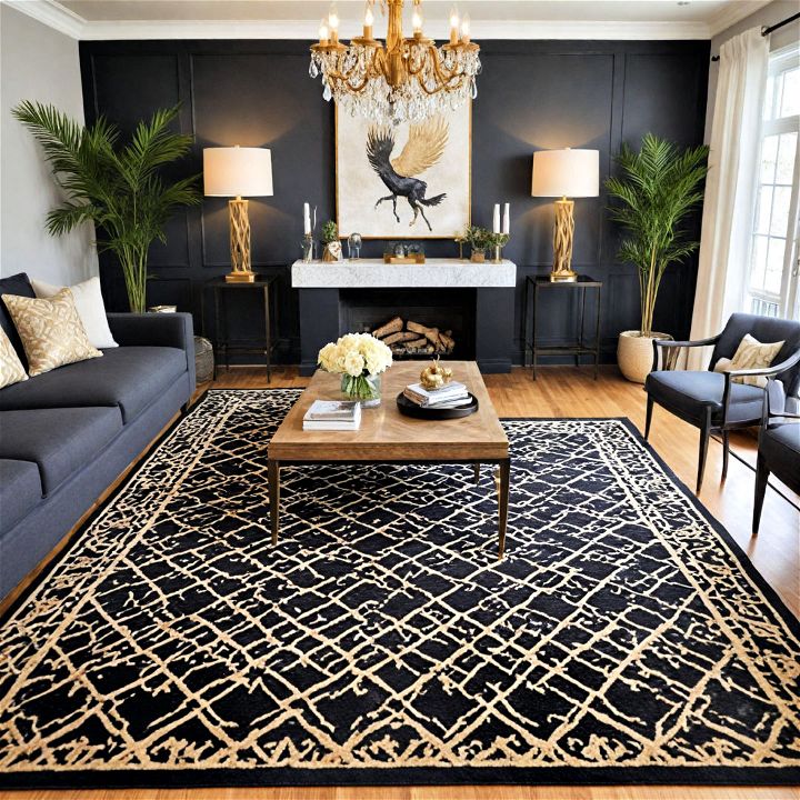 black and gold living room rug