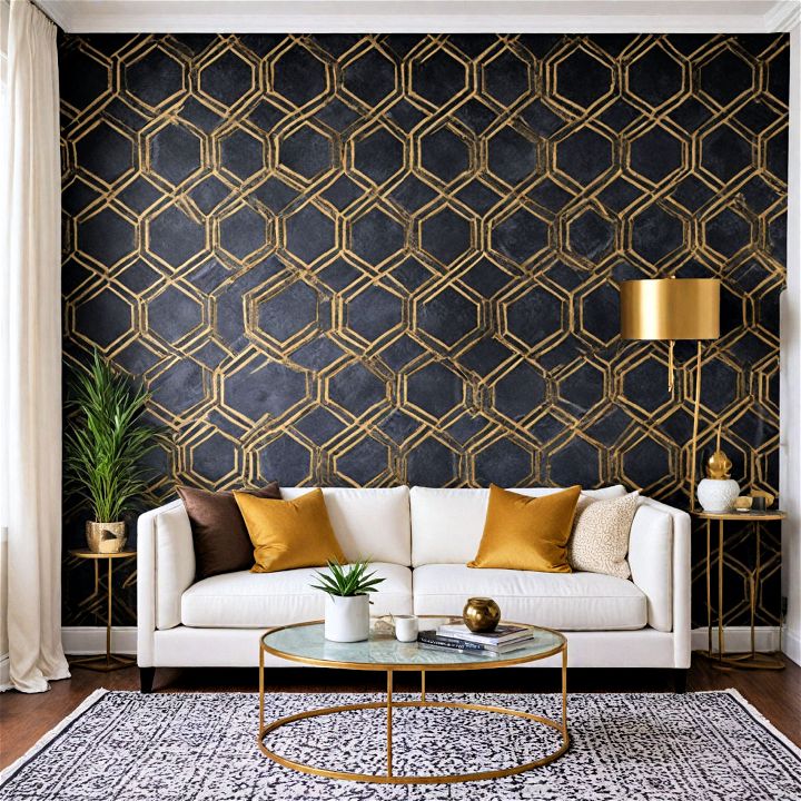 black and gold patterned wallpaper for living room