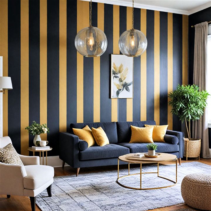 black and gold striped wallpaper living room