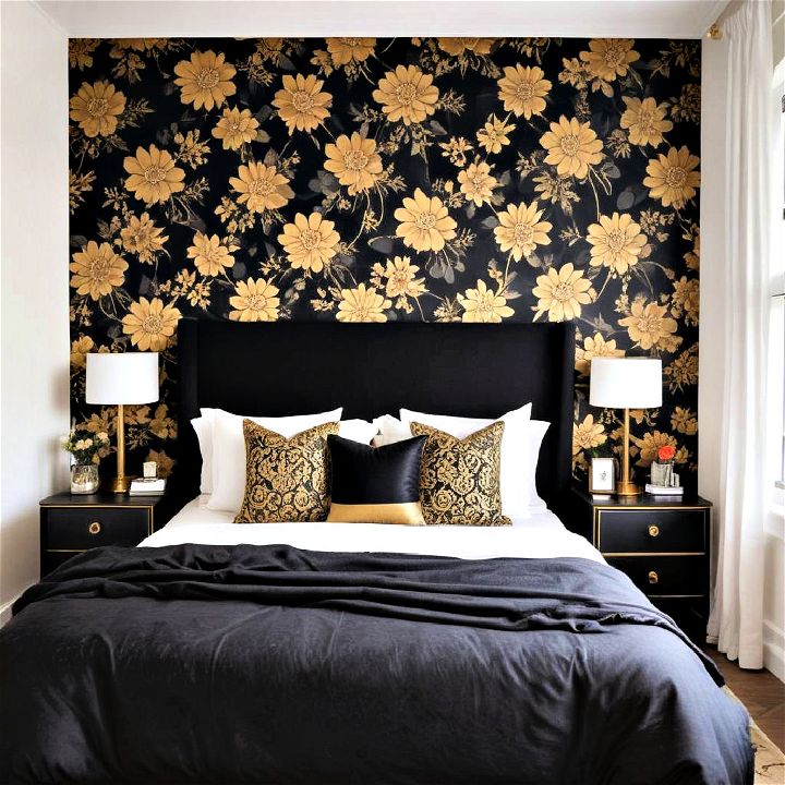 black and gold wallpaper accent wall