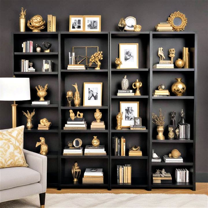 black bookshelves with gold accessories