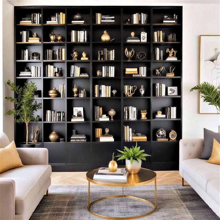black bookshelves with gold edged books