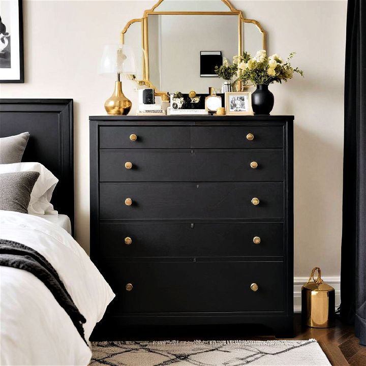 black dresser featuring gold hardware