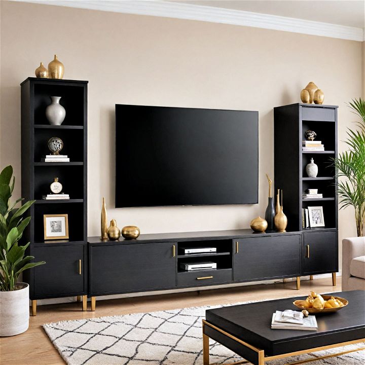 black entertainment center with gold hardware