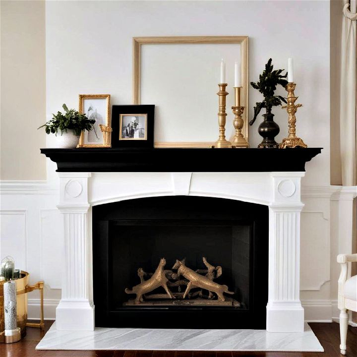 black fireplace mantel with gold decor