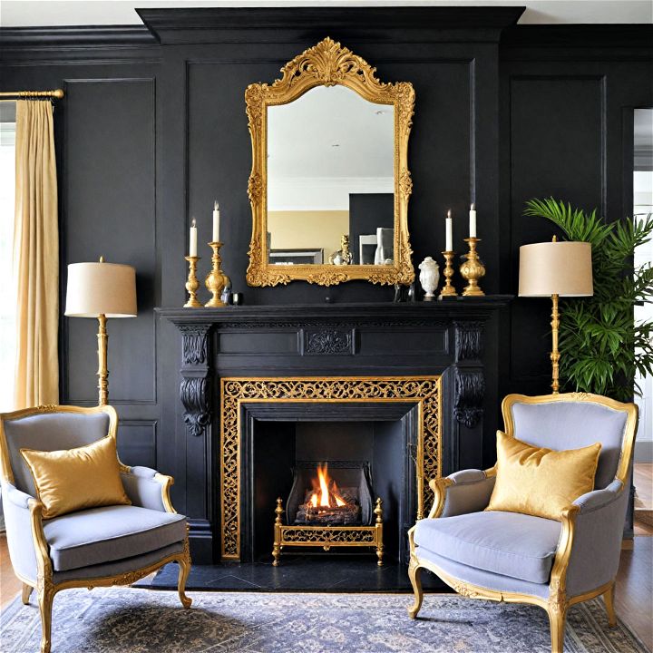 black fireplace with gold detailing