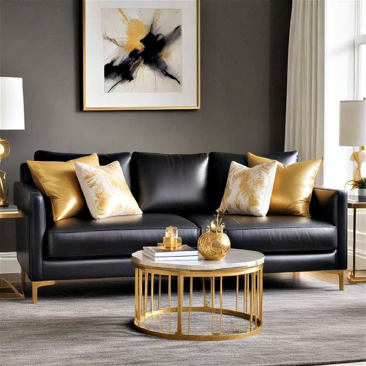 black leather sofa with gold legs