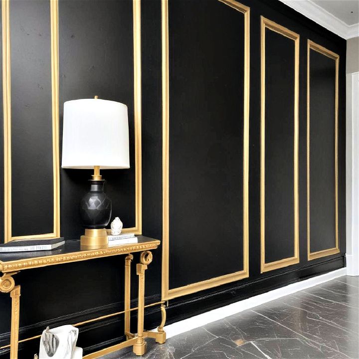 black walls with gold trim for living room