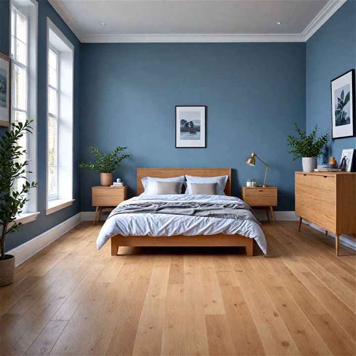 blue wall and light oak floor for bedroom