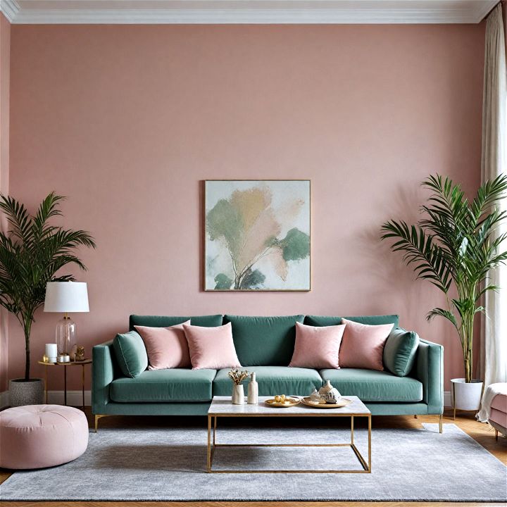 blush pink living room with silvery green sofa