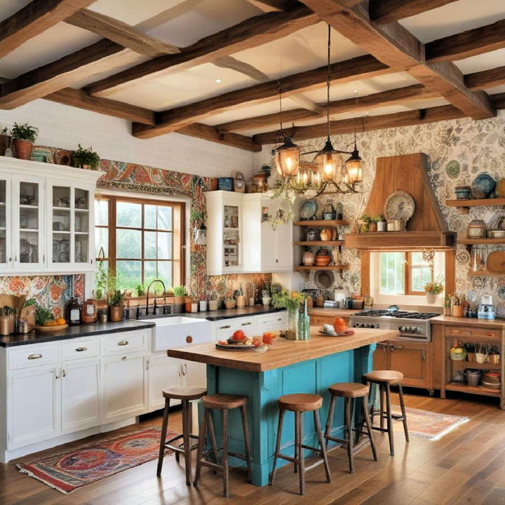 bohemian style kitchen with exposed wooden beams