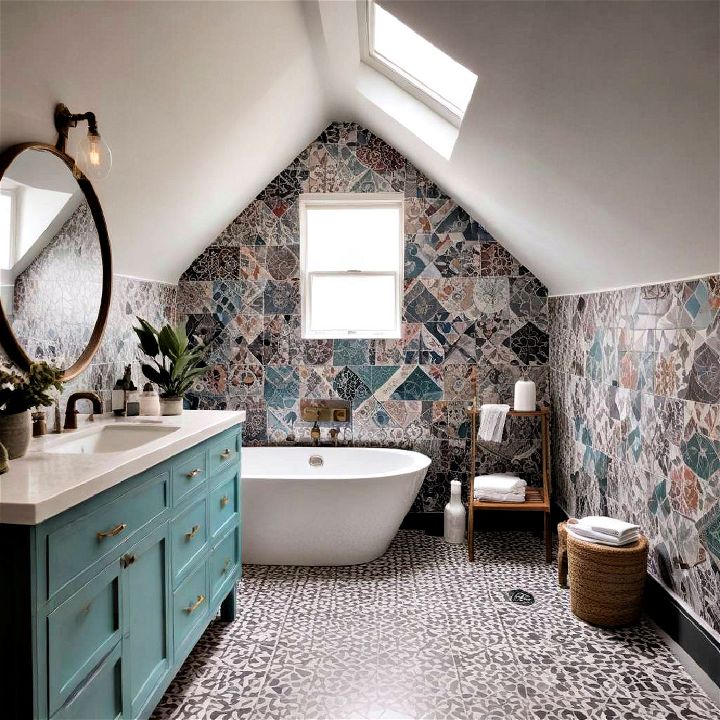 bold tile pattern attic bathroom