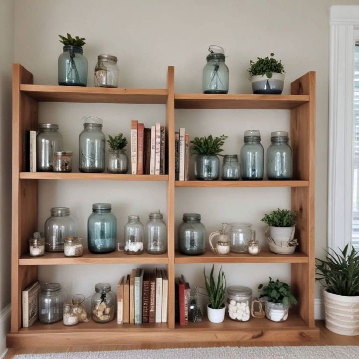 bookshelf decor with glass jars