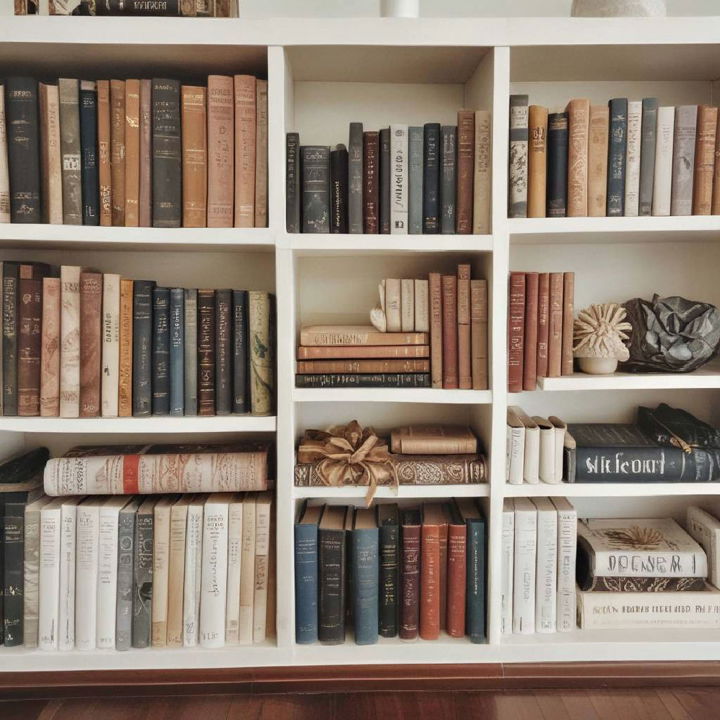 bookshelf decor with textile accents
