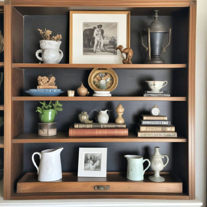 bookshelf decor with vintage tray