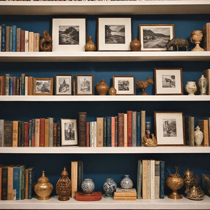 bookshelf with small framed artwork and photographs