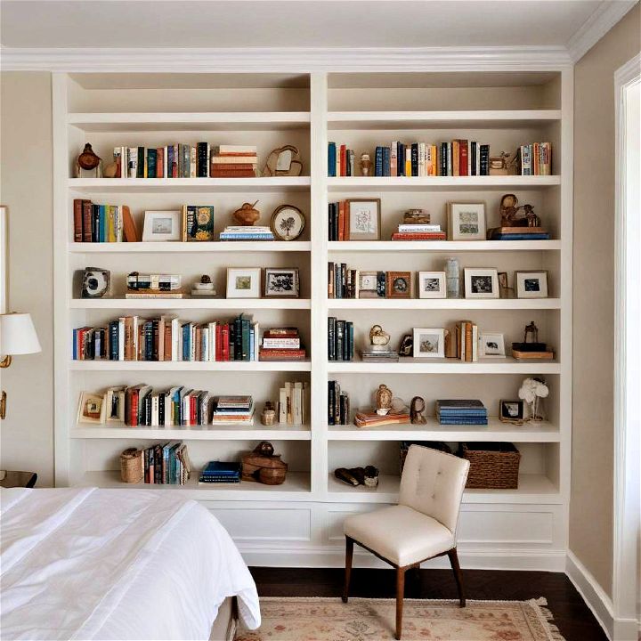 built in bookshelves in a guest room