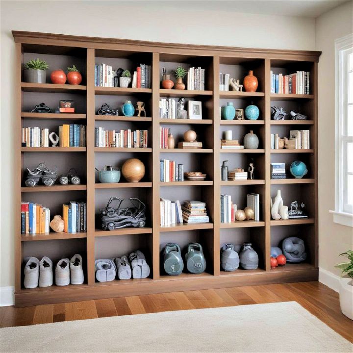 built in bookshelves in a home gym