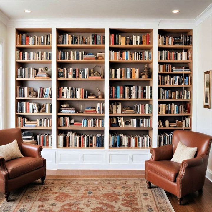 built in bookshelves in a music room