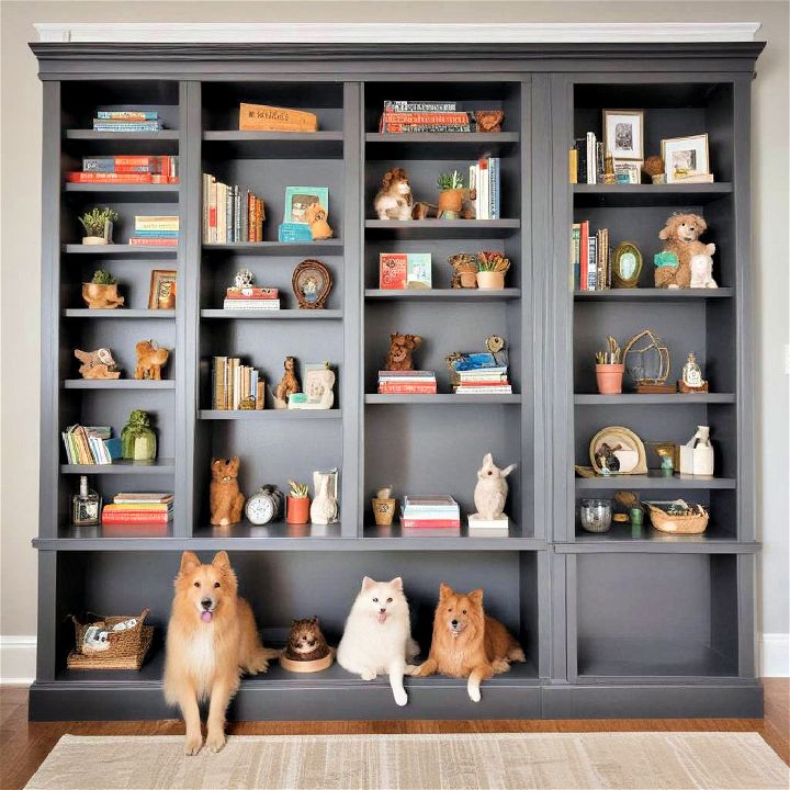 built in bookshelves in a pet room