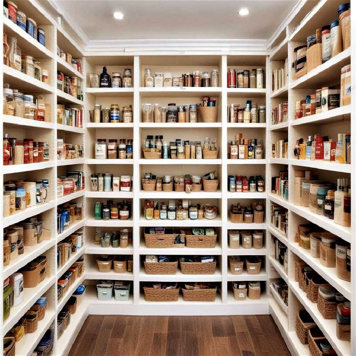 built in bookshelves organized pantry