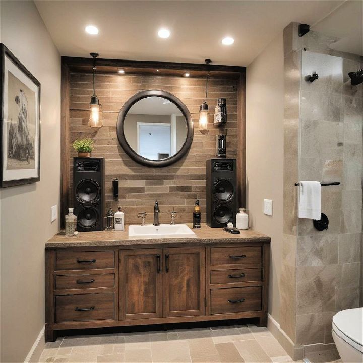 built in sound system for man cave bathroom