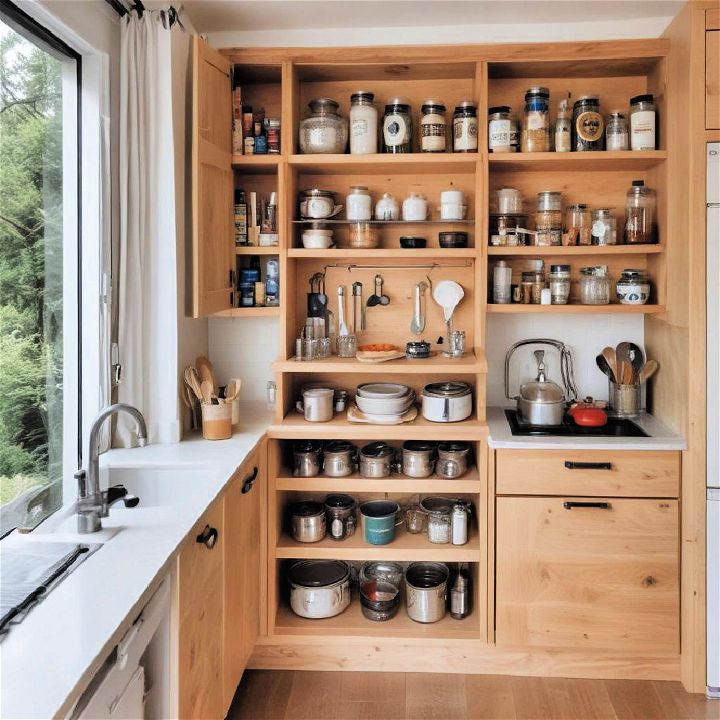 built in storage solution for cabin kitchen