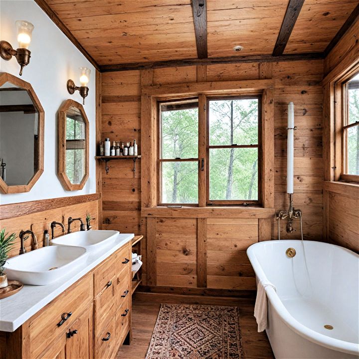 cabin bathroom with copper fixtures