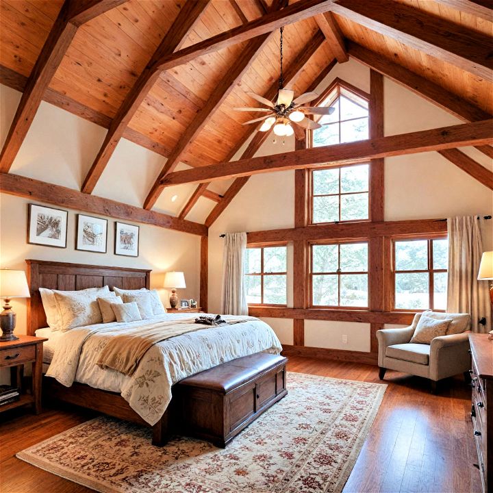 cabin bedroom with a timber frame design