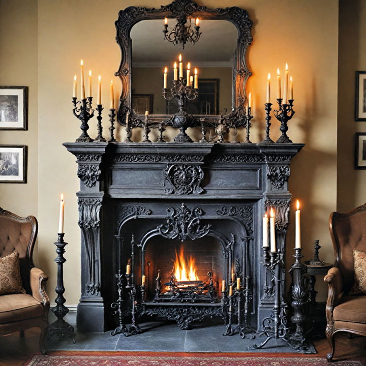 candles and candelabras over fireplace mental