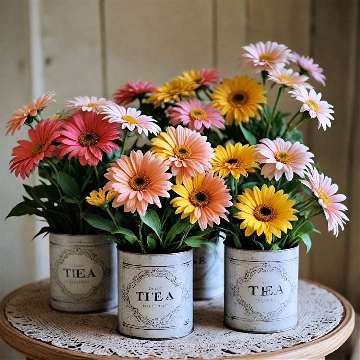 charming vintage tea tin flowers vases