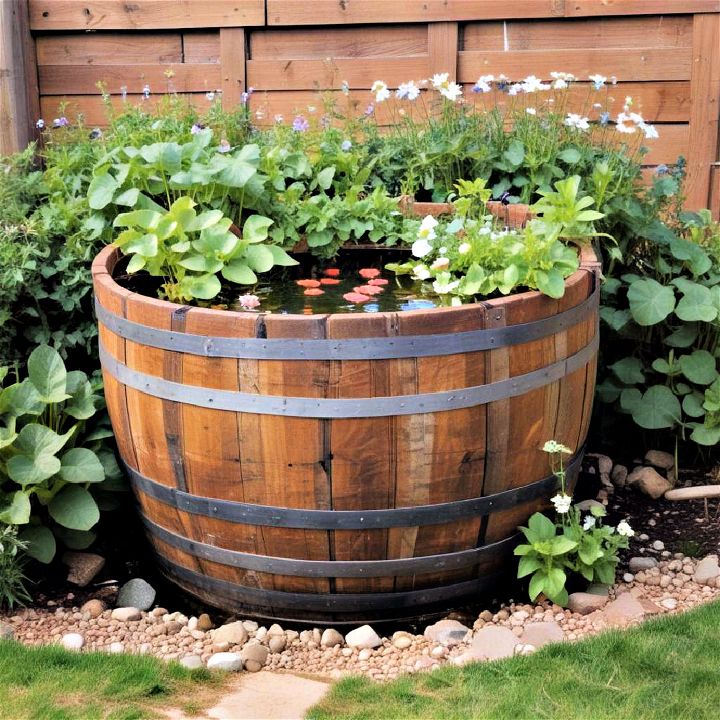 charming wooden wine barrel pond