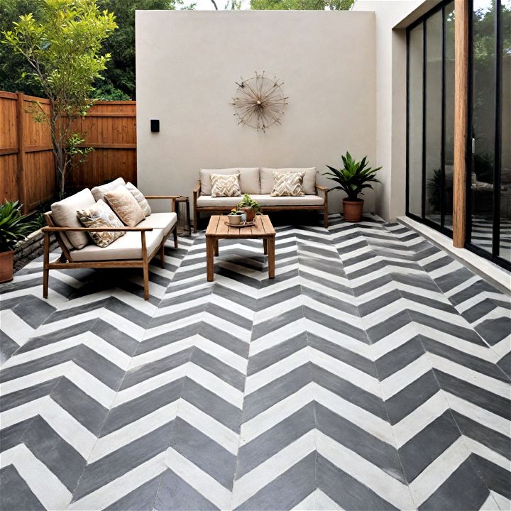 chevron pattern painted concrete patio