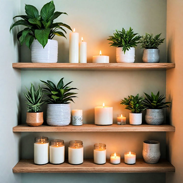 chic bathroom shelves decor with candles