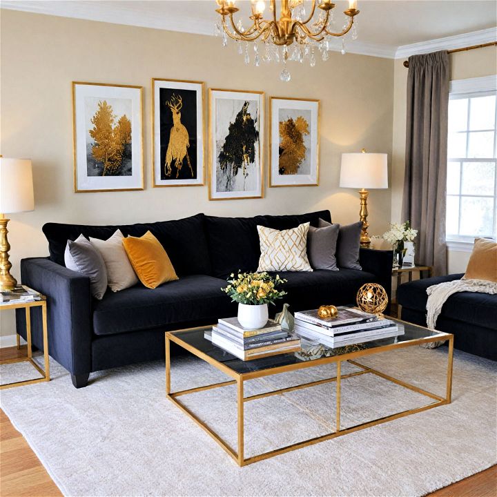 chic black sofa with gold accents