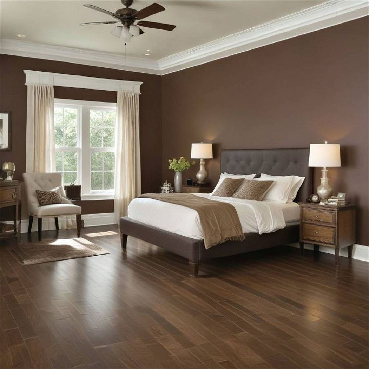 chocolate wall and maple floor bedroom