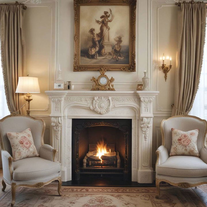 classic fireplace for parisian themed bedroom