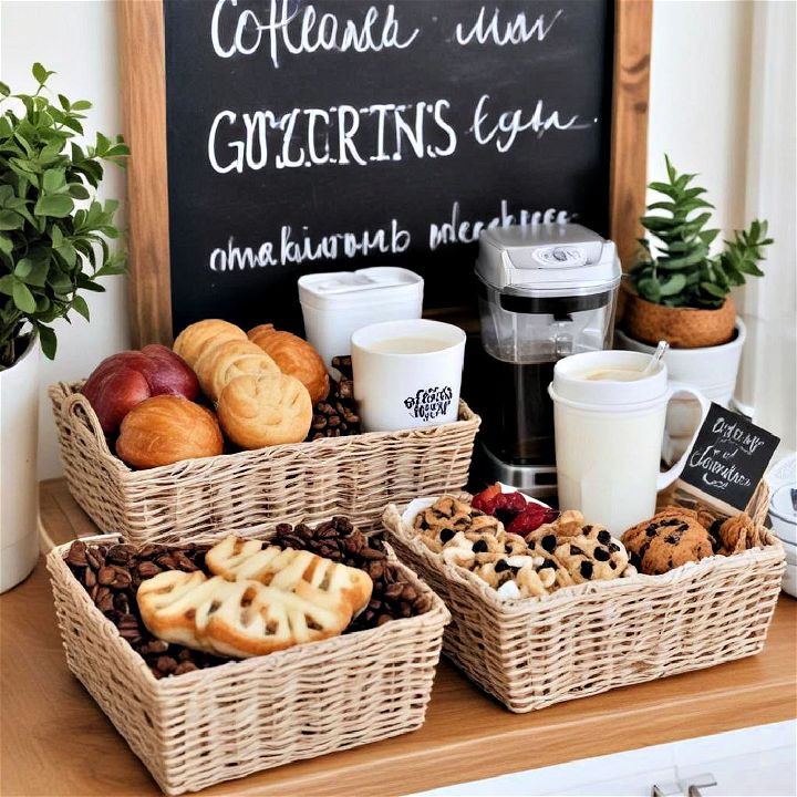 coffee station with a snack basket