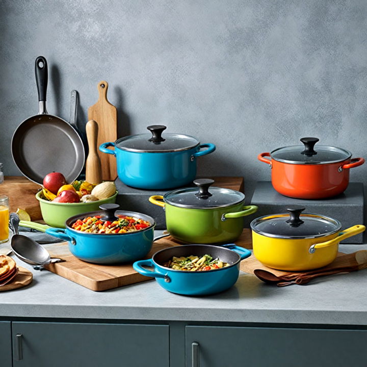 color coordinated cookware for kitchen