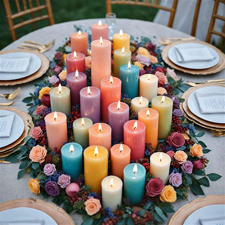 colored candle groupings for wedding centerpiece