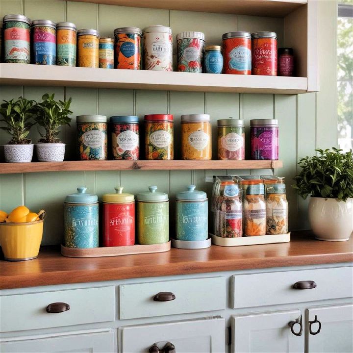colorful and organized tea tins for kitchen counter