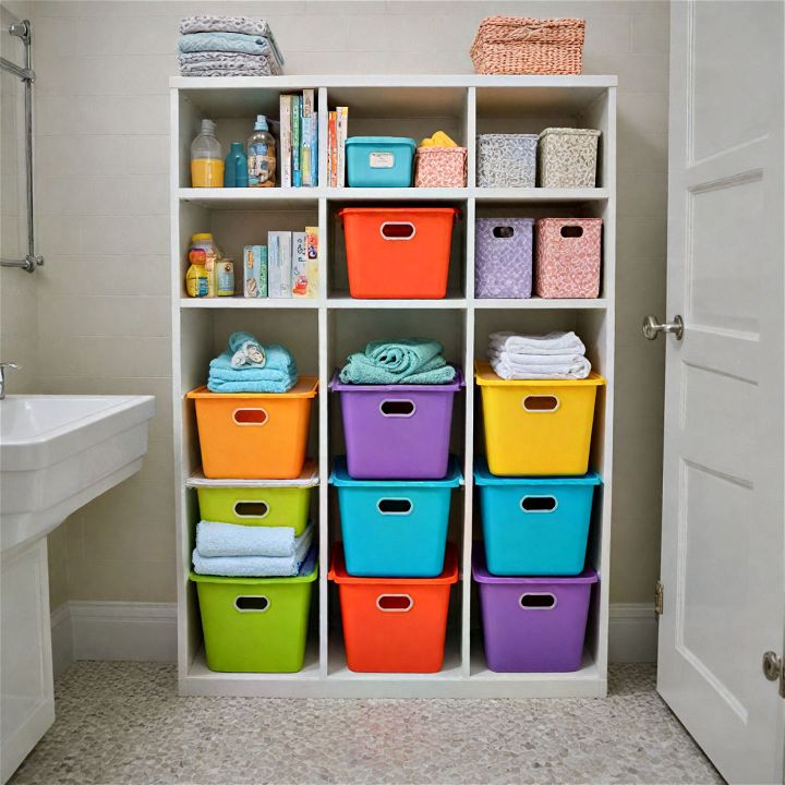 colorful storage bins for kids bathroom