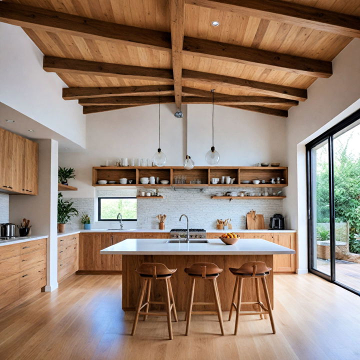 contemporary zen kitchen with exposed beams