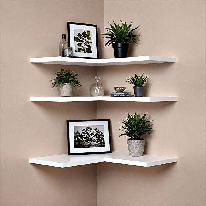 corner floating shelves for displaying photos