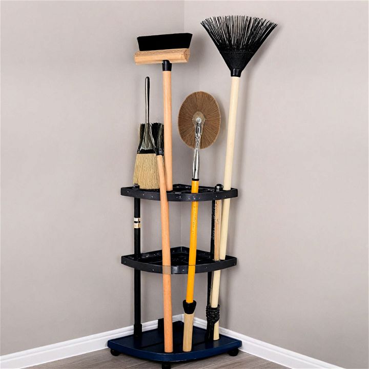 corner shelves for storing mops and brooms