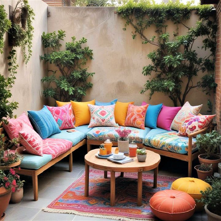 courtyard with colorful cushions and fabrics