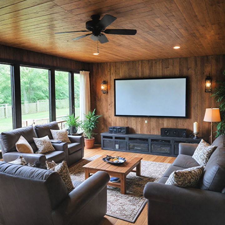 cozy home theater for enclosed porch