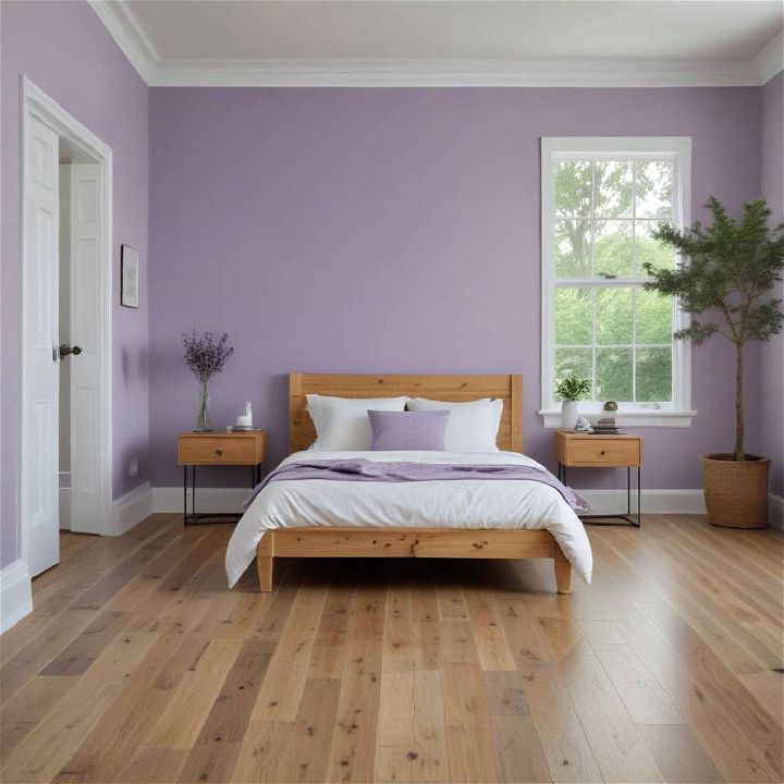 cozy lavender wall and pine floor for bedroom