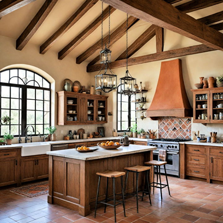 cozy southwestern kitchen with exposed beams